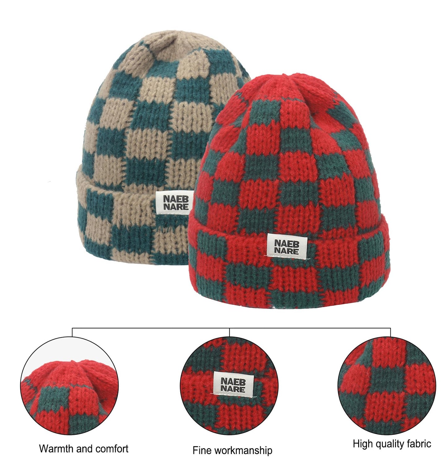 Cuffed Knit Beanie Hats for Men Women Checkerboard Plaid Womens Hat Stretch Winter Beanies Skull Cap Slouchy Warm Ski Caps Unisex