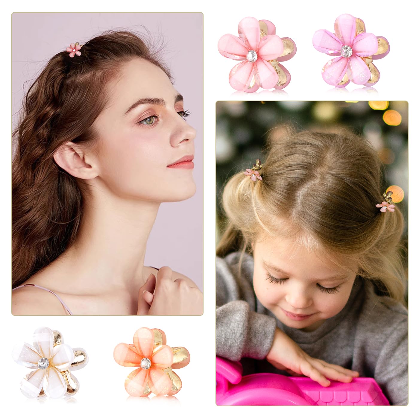 CWJCYTNSN Small Crystal Flower Hair Claw Clips, 0.8" Mini Metal Bangs Pins for Thick Curly Hair - 16PCS Hair Accessories for Women & Girls