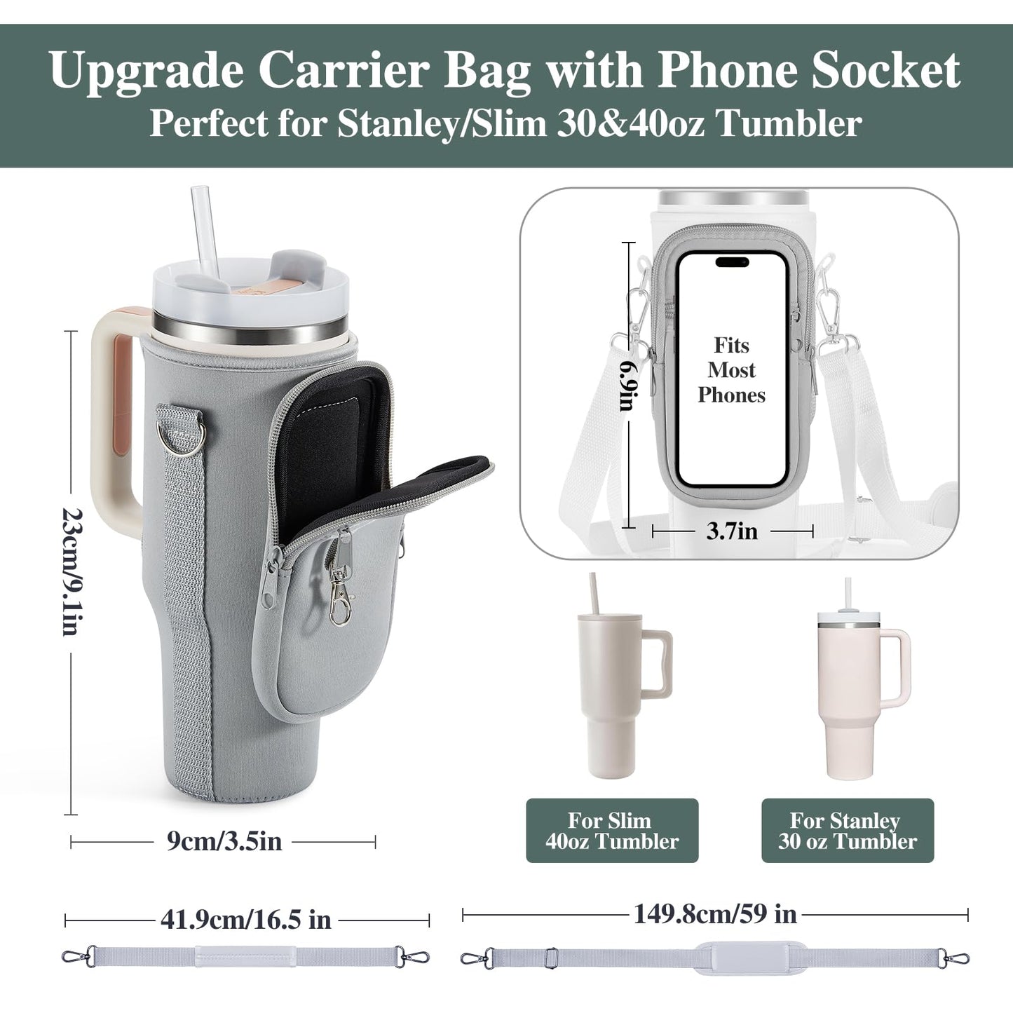 linmaya Water Bottle Carrier Bag with Phone Pocket for Stanley Cup 40/30oz,Insulated Neoprene Water Bottle Holder Cross-boday Bag with Adjustable Shoulder & Handheld Strap Stanley Cup Accessories