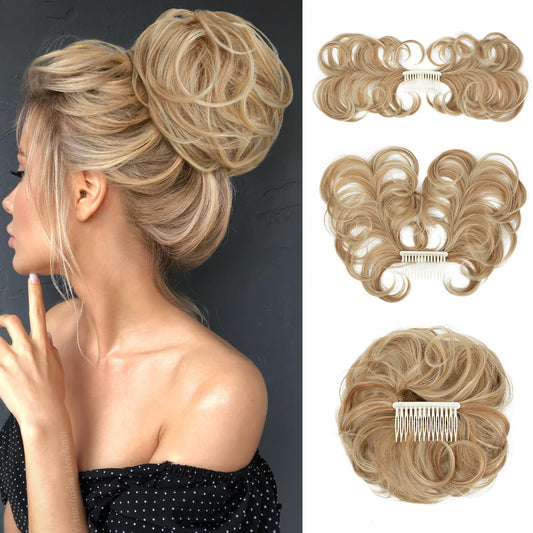 YOUNGWAYS Messy Bun Hair Piece Side Comb Clip in Hair Bun Hairpiece for Women Short Natural Straight Versatile Adjustable Styles Easy Hair pieces (Golden Blonde/Beach Blonde-C)