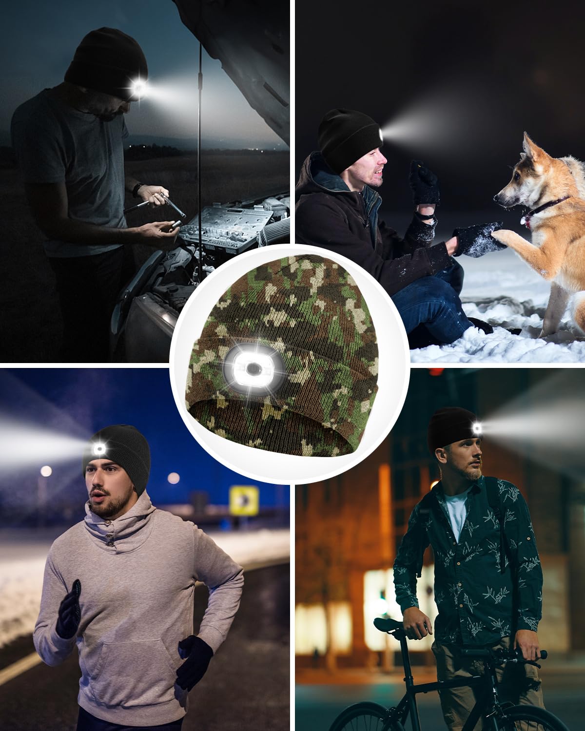 Rechargeable LED Beanie Headlamp - Unisex Winter Knit Cap with Hands Free Flashlight for Fishing, Running, Camping Camouflage