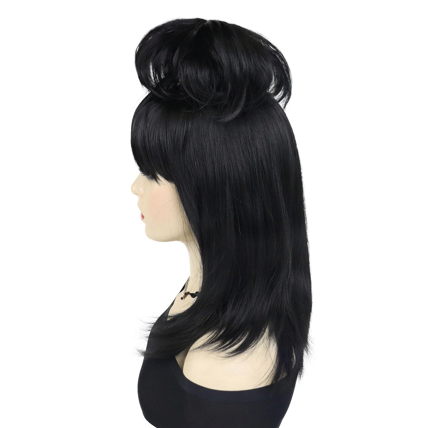 GNIMEMGIL Long Black Cosplay Wig With Bun,Synthetic Hair Bride Wigs for Costumes,Halloween Costume Wigs for Women