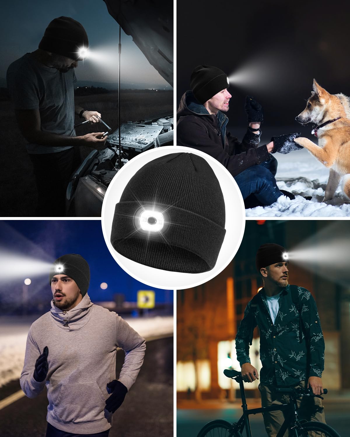 Rechargeable LED Beanie Headlamp - Unisex Winter Knit Cap with Hands Free Flashlight for Fishing, Running, Camping Black