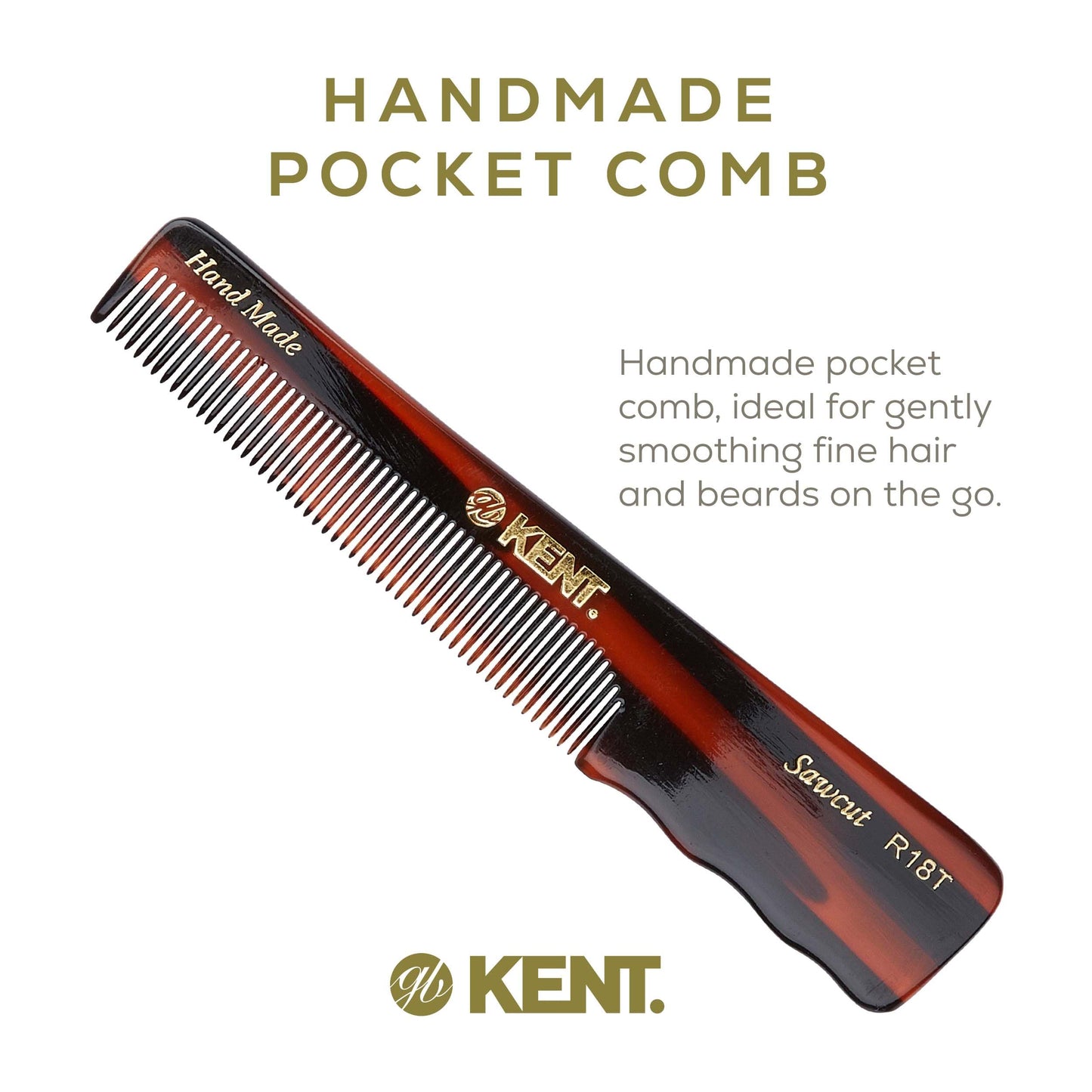 Kent R18T Handmade All Fine Tooth Pocket Comb for Men, Hair Comb Straightener for Everyday Grooming Styling Hair, Mustache and Beard, Use Dry or with Balms, Saw Cut and Hand Polished, Made in England