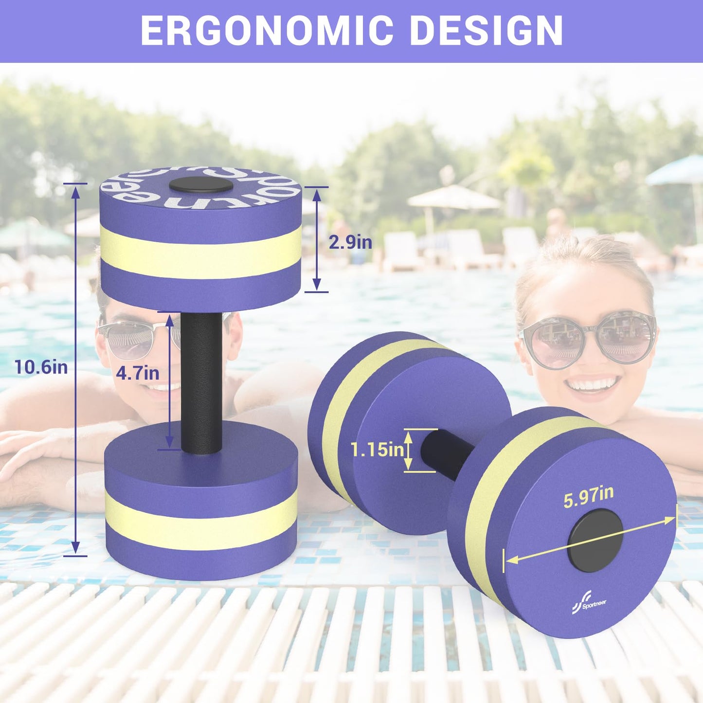 Water Weights Aquatic Exercise Equipment: Sportneer Lightweight Aqua Dumbbell 1 Pair EVA Foam Pool Weights for Water Fitness Equipment With Easy Handle Strip for Water Aerobics Weight Loss