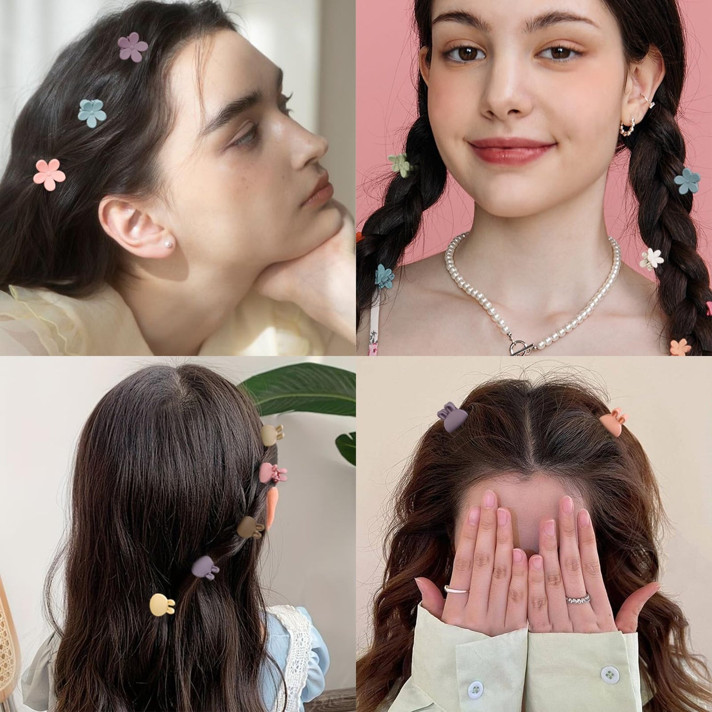100Pcs Colorful Mini Flower Hair Clips Set, TEBIEKOY Small Hair Clips Mini Hair Claw Clip Bunny Ear Hair Clip Cute Jaw Clips Hair Pins Hair Barrettes Tiny Flower Hair Accessories for Women