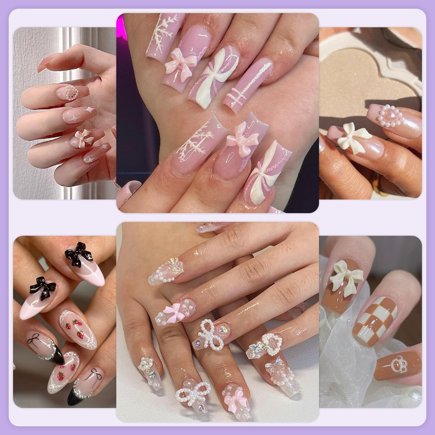 120pcs 3D Nail Bow Charms & Pearls Set - Pink, White, Black Bow Charms & White Flatback Pearls with Glue Gel (UV Needed) & Pickup Tools