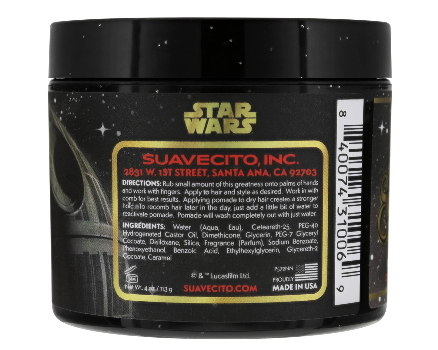 Suavecito | Darth Vader Star Wars Dark Side Pomade Original For Men 4 oz, 1 Pack - Medium Shine Water Based Wax Like Flake Free Hair Gel - Easy To Wash Out - All Day Hold For All Hairstyles