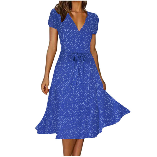 10 and Under Gifts, Dresses for Women 2024 Casual Fashion V Neck Swing Polka Tie Waist Dress Summer Ruffle Short Sleeve Midi Sundress