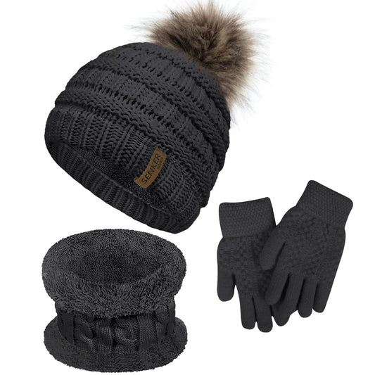 3PCS Kids Winter Hat Scarf Gloves Set Knit Thick Warm Toddler Pompom Beanie Neck Warmer for Girls Boys