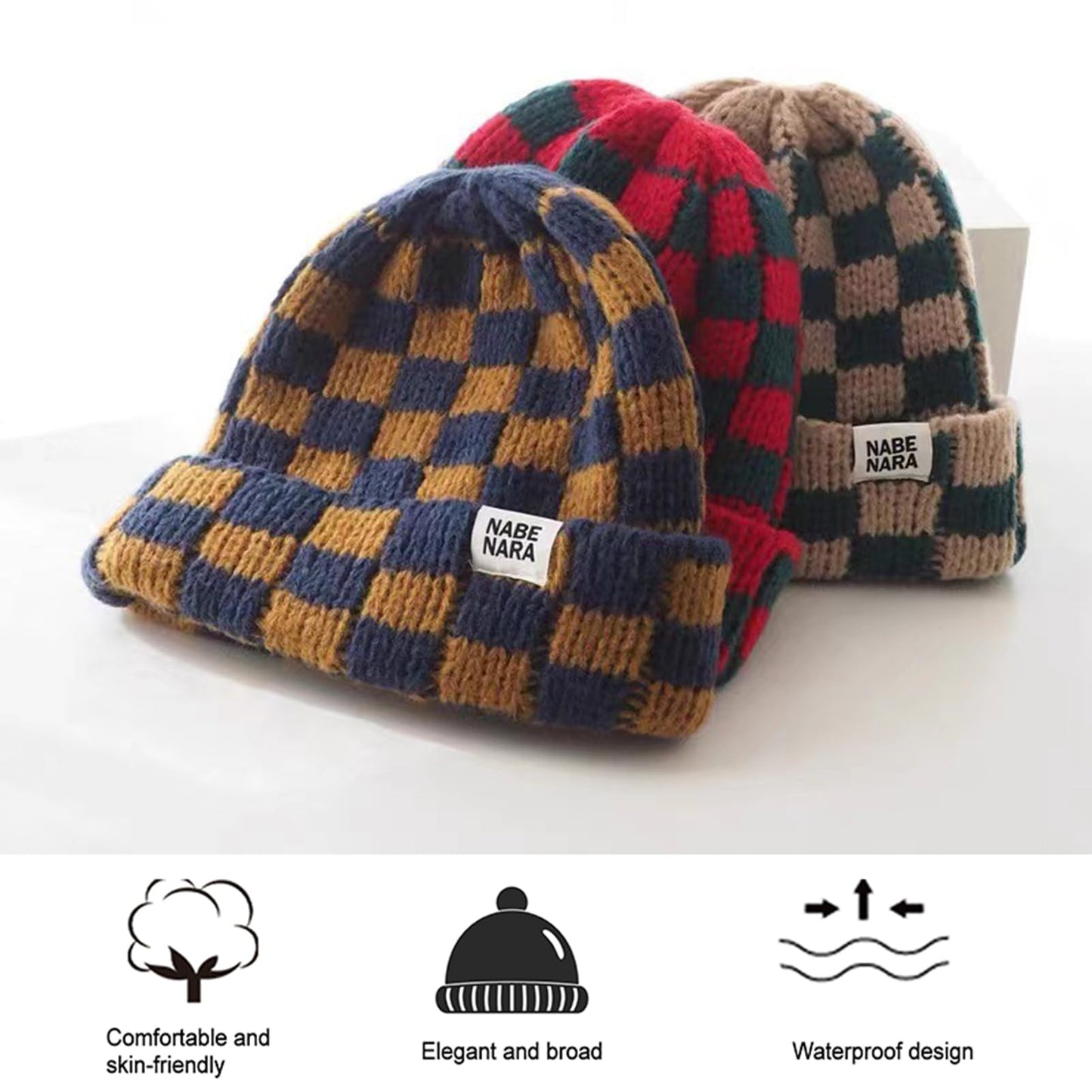 Cuffed Knit Beanie Hats for Men Women Checkerboard Plaid Womens Hat Stretch Winter Beanies Skull Cap Slouchy Warm Ski Caps Unisex