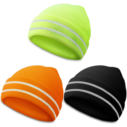JenPen 3 Pieces Safety Beanie Reflective Hat Winter High Visibility Unisex Knit Beanie Construction Hat (Yellow, Orange, Black)