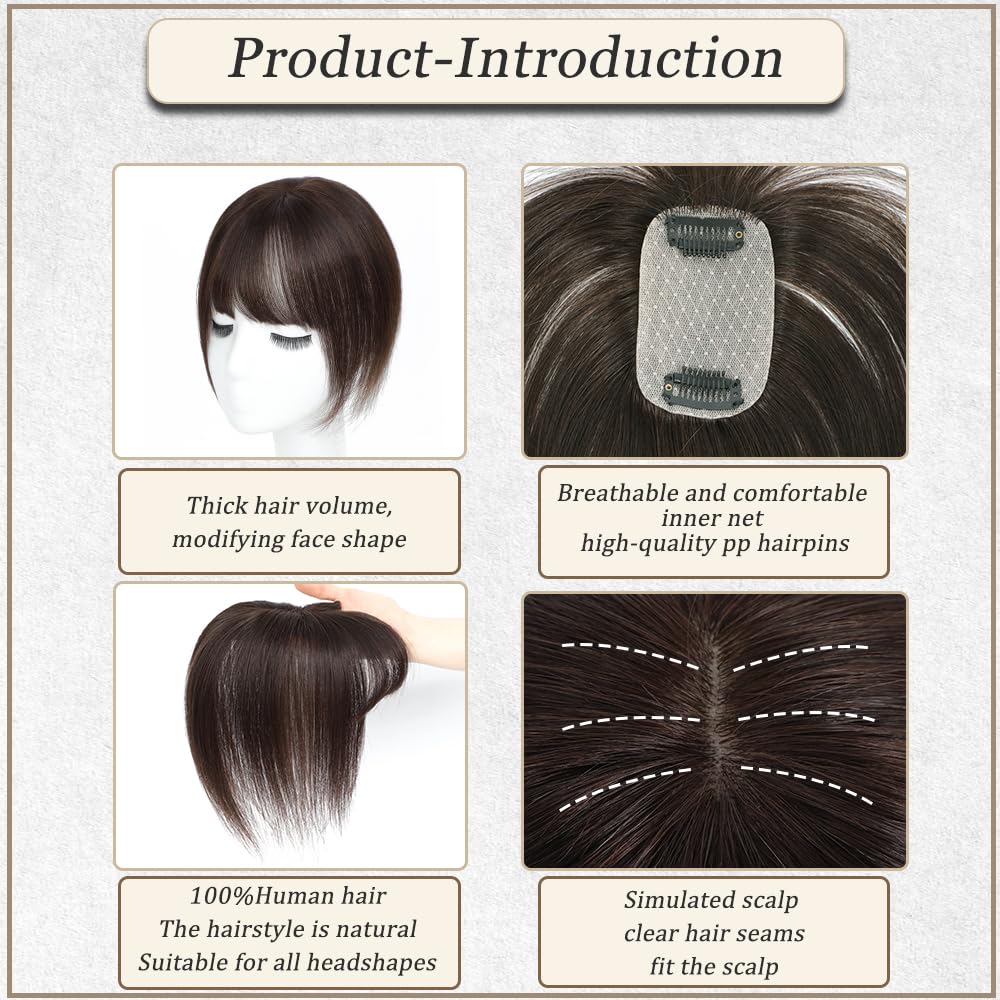 Hair Toppers for Women Real Human Hair, 3D Cover Clip in Bangs Realistic Scalp Line Human Hair Toppers for Women with Thinning Upgrade Basement with Wispy Bangs (Mocha Brown, French)