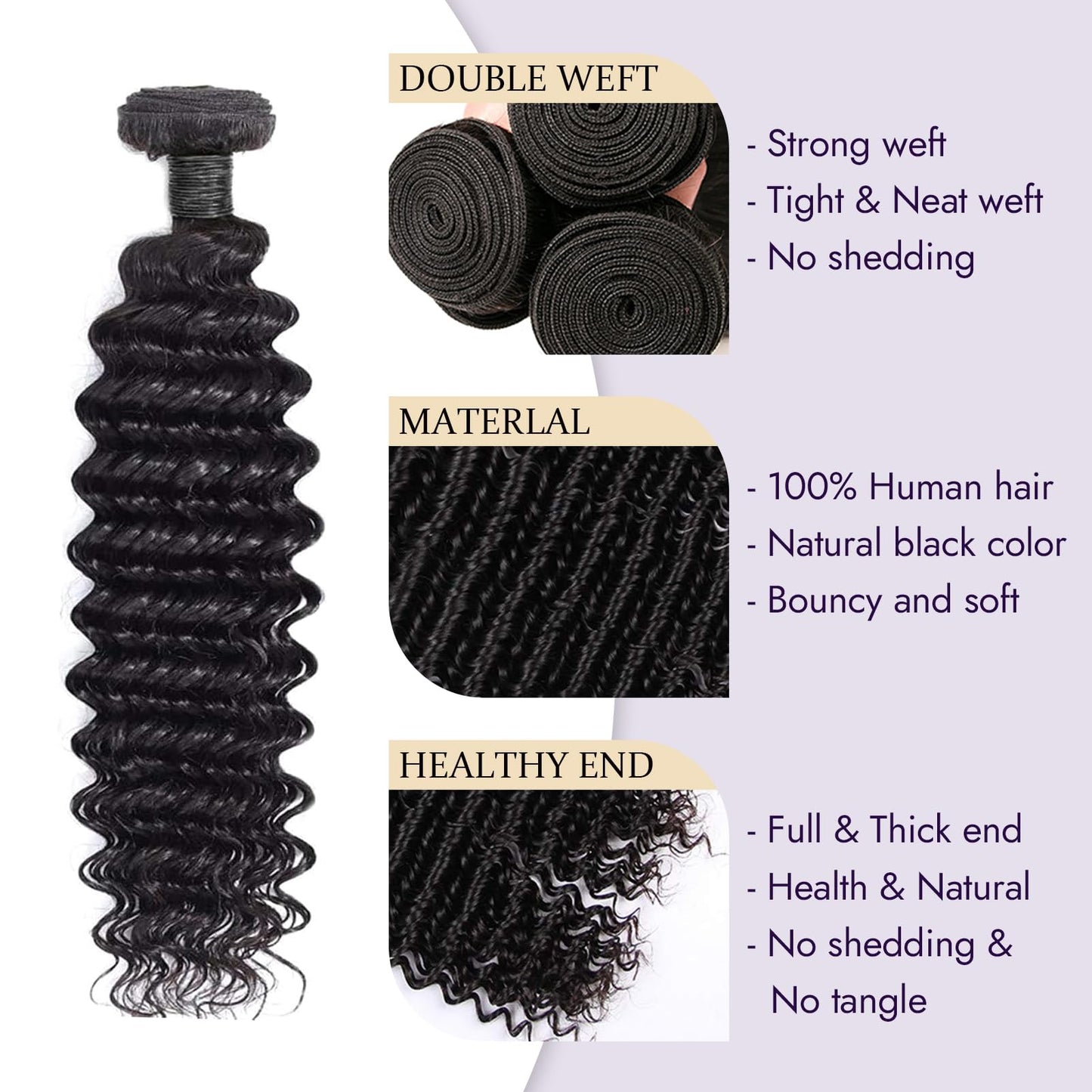 20 22 24 Inch Deep Wave Human Hair 3 Bundles 100% Unprocessed 12A Brazilian Virgin Human Hair Bundles Double Weft Deep Curly Weave Bundles Water Wave Bundles Natural Color