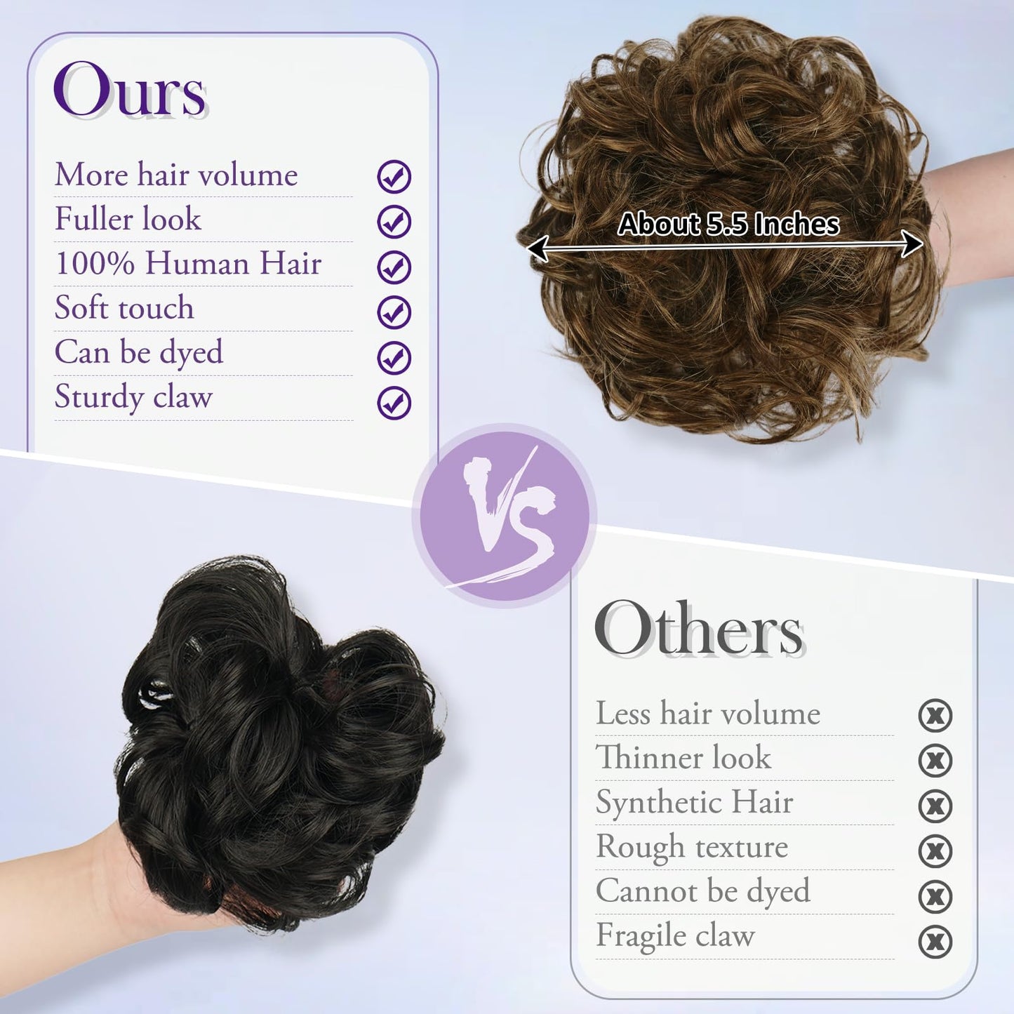 RUWISS Large Messy Bun Hair Piece with Claw Clip Human Hair Bun Wavy Curly Chignon Hair Bun Extensions Tousled Updo Hair Pieces for Women Claw Clip Ponytail for Women, Brown Mixed