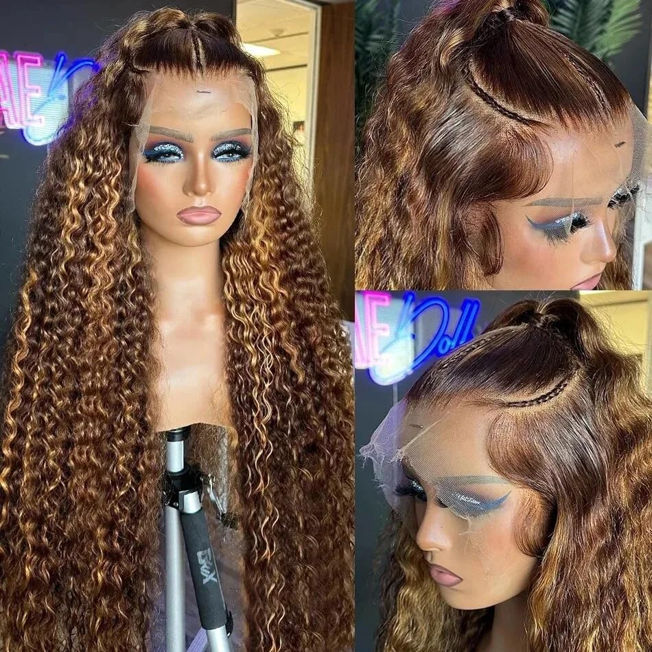 13x6 Highlight Ombre Deep Wave Lace Front Wigs Human Hair Pre Plucked 22 Inch P4/27 Colored Glueless Wigs Human Hair Honey Blonde Curly Human Hair Wig for Women with Baby Hair 180 Density