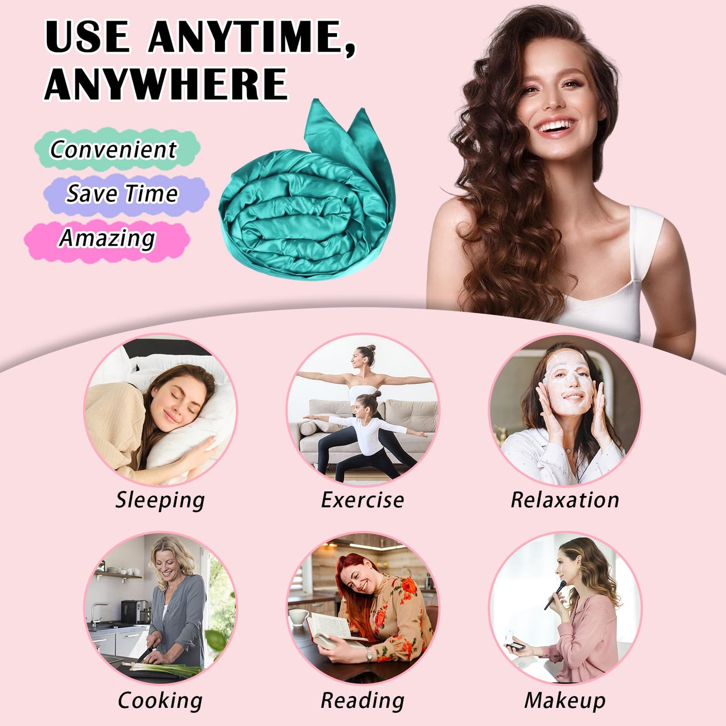 Gwabee Satin Heatless Curls Overnight Hair Curlers to Sleep In Hair Curler Rollers No Heat Hair Wrap for Curls Headband, 70" Satin Heatless Curling Set for Women Long Waves Hair Volume -Green 10 PCS