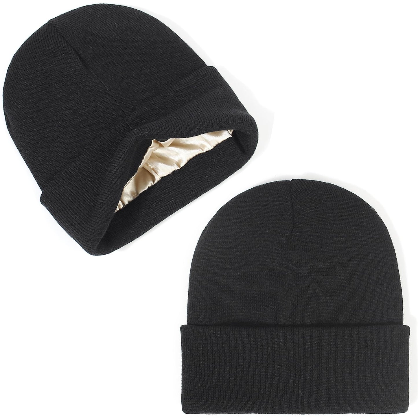 Unisex Satin Lined Winter Beanie for Women Men Silky Lining Slouchy Skull Cap Knitted Cuffed Skiing Knit Hat(Black & Dark Grey)