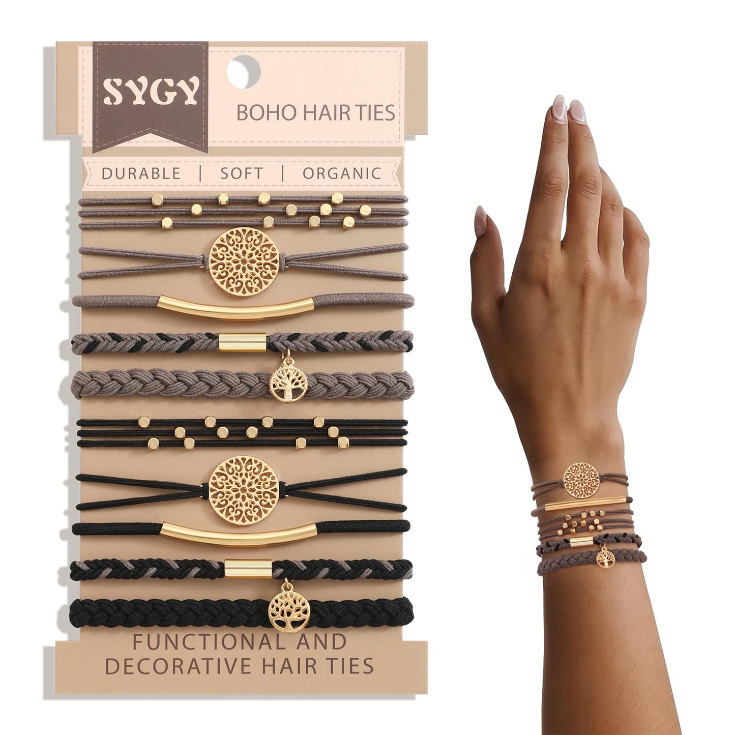 10 PCS Boho Hair Ties - No-Damage, 5 Styles for Thick & Thin Hair, Cute Stretch Bracelets, Braided Ponytail Holders, Grey