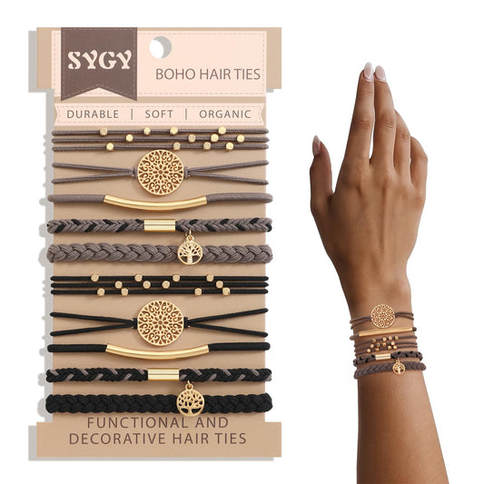 10 PCS Boho Hair Ties - No-Damage, 5 Styles for Thick & Thin Hair, Cute Stretch Bracelets, Braided Ponytail Holders, Grey