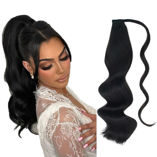 ABH AMAZINGBEAUTY HAIR Ponytail Hair Extensions for Women, Remy Human Hair, Wrap in Easy to Use, 100 Gram, Jet Black Color 1, 20 Inch