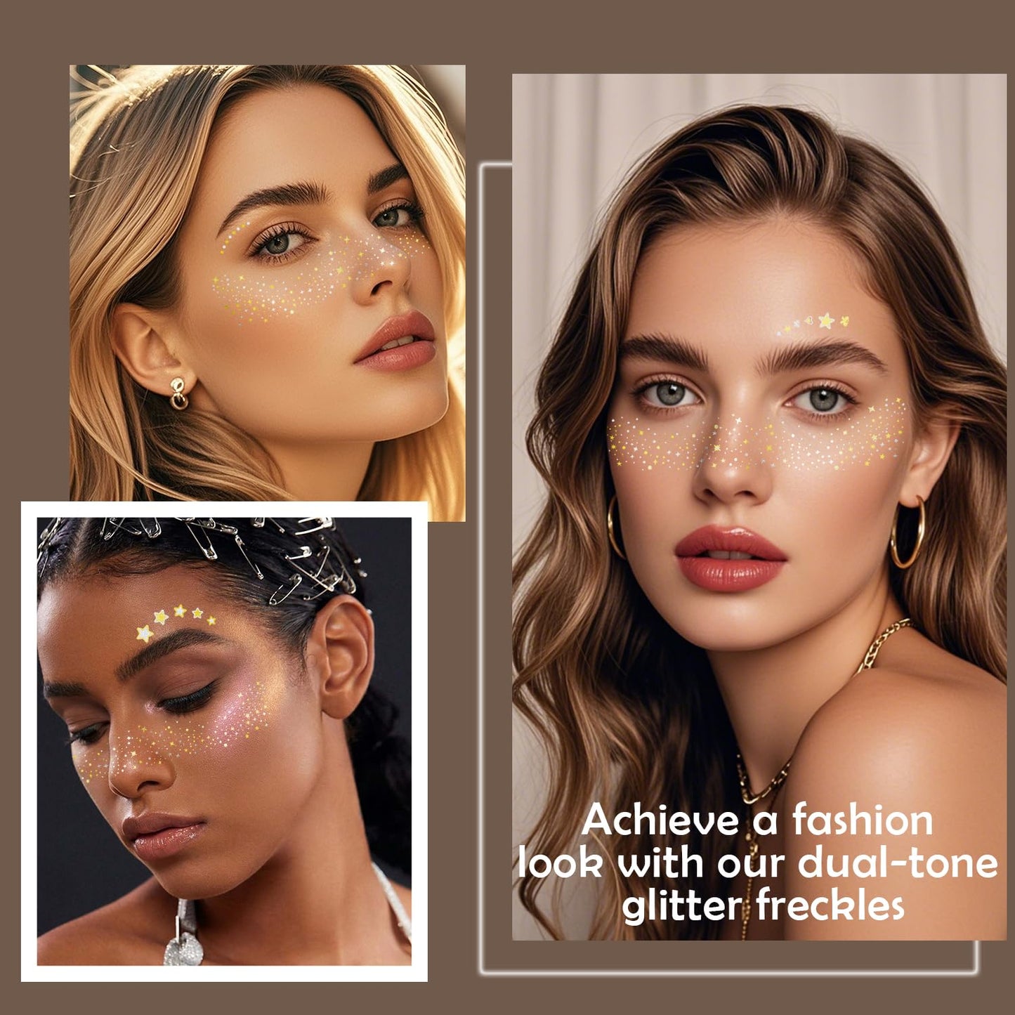 20 Pcs Dual-tone Face Makeup Patches, Gold-silver Glitter Freckles, Glitter Freckles Face Tattoo, Waterproof Face Sparkle Freckles, Long-Lasting 48h Freckles for Women (Gold-silver)