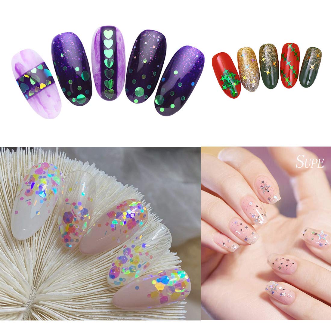 AddFavor 4 Boxes Holographic Nail Sequins Mixed Shapes Iridescent Glitter Flakes Hearts Star Moon DIY Design Manicure Nail Art Decorations Sets for Nail Art/Craft/Makeup