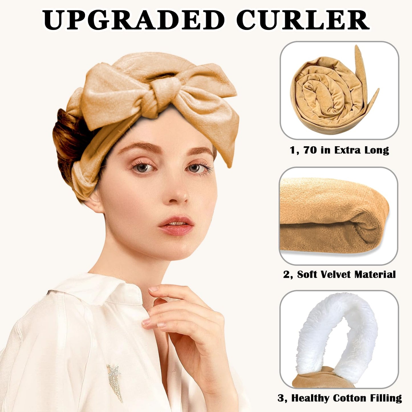 Gwabee 70" Soft Hair Curlers for Overnight Curls - No Heat Curl Wrap with 9 Rods for Long Hair, Khaki