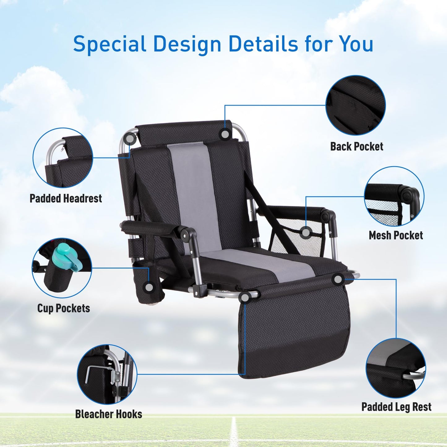 GREEN PARTY Stadium Seats for Bleachers 2 Pack Portable Outdoor Floor Folding Stadium Chair with Armrest, Back Support, Cup Holder, Mesh Bag and Hide Hooks