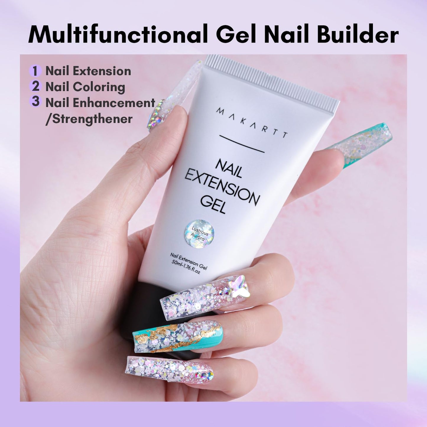 Makartt Poly Nail Gel - Giltter Mixed 50ML Builder for Shiny-Looking, Strengthener 3D Diy Hard Gel Manicures Salon or Home-Lustrous Aurora
