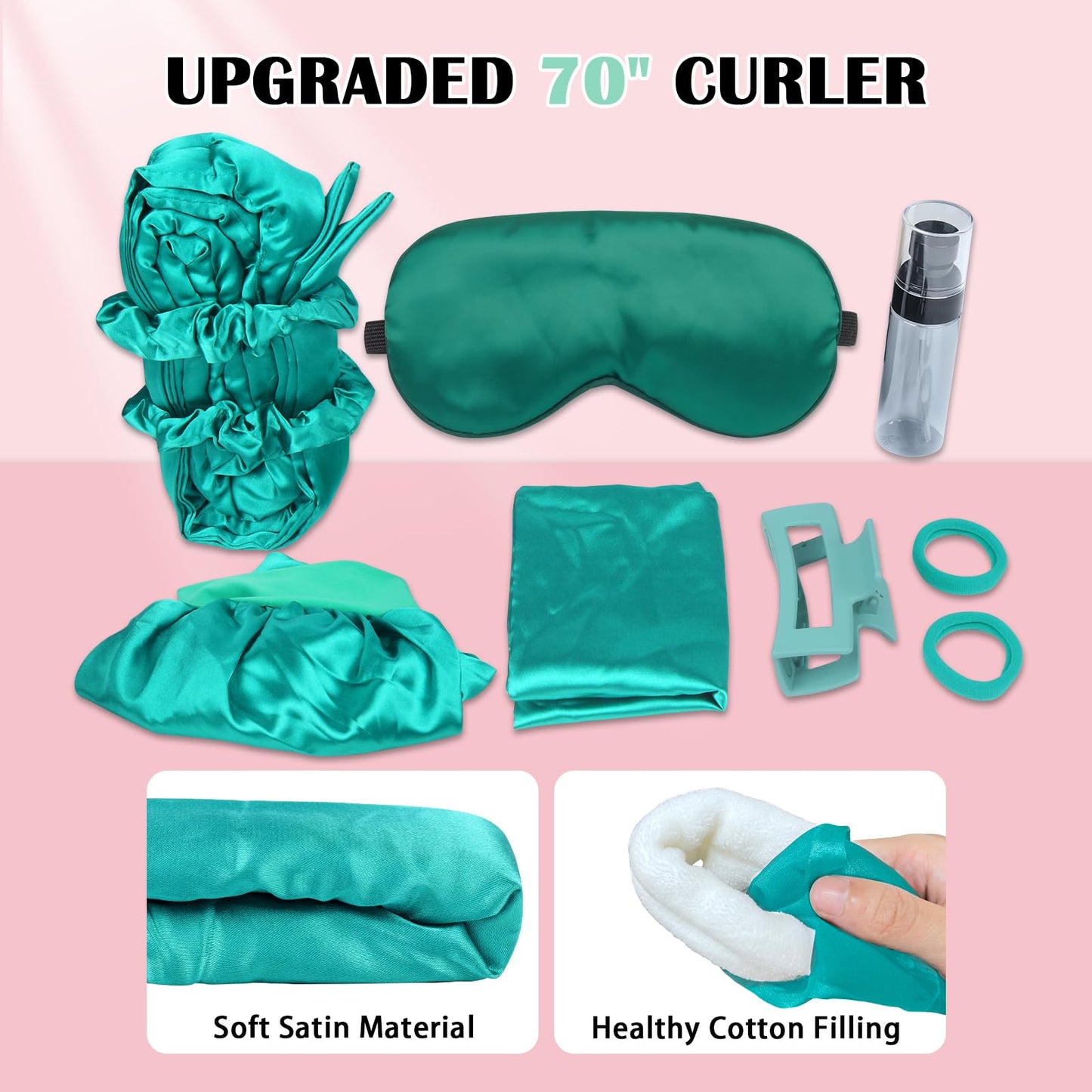 Gwabee Satin Heatless Curls Overnight Hair Curlers to Sleep In Hair Curler Rollers No Heat Hair Wrap for Curls Headband, 70" Satin Heatless Curling Set for Women Long Waves Hair Volume -Green 10 PCS