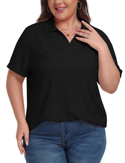 MoFiz Golf Shirts for Women Plus Size V-Neck Collared Athletic Polo Shirt Short Sleeve Tennis T-Shirt Oversized Cooling Yoga Active Tops 3XL Black