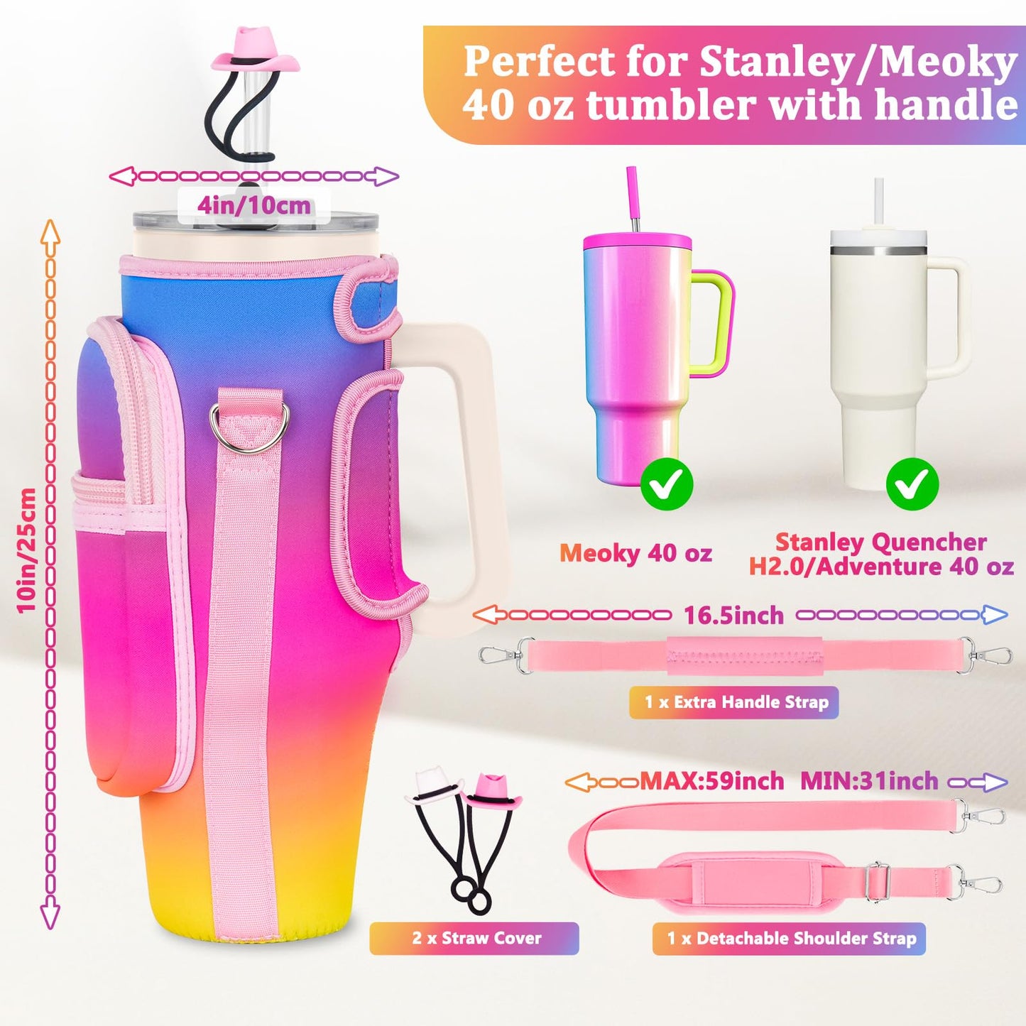 Water Bottle Carrier Bag with Phone Pocket and 2 Straw Covers Compatible with Stanley/Meoky/BrüMate 40 oz Tumbler with Handle,Water Bottle Holder with Adjustable Strap Fits for Stanley Cup Accessories