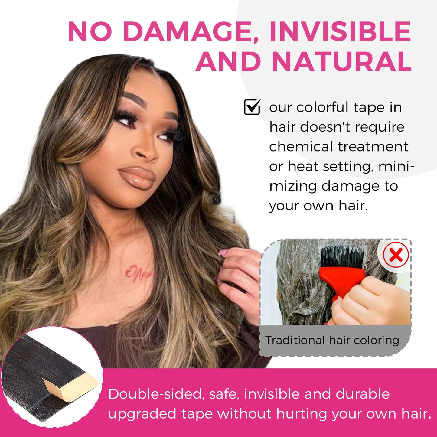 Lashey Tape in Hair Extensions 25g 10pcs 16 Inch Straight Natural Black Mixed Chestnut Brown Highlighted Hair Extensions Tape in Hair for Women