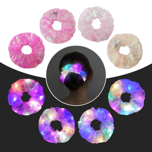 4Pcs Light Up Scrunchies Hair Tie, Pink LED Scrunchy Rave Hair Accessories for Women & Girls, Glow in the Dark Party Supplies Sleepover Party Favor Festival Accessory for Easter Basket Stuffers