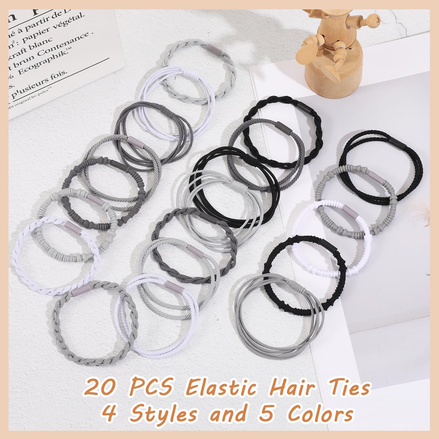 20 PCS Boho Hair Ties, Grey Bracelets Hair Ties for Thick or Thin Hair, 4 Styles Boho Ties for Ponytail Holders, 2.36’’ Hair Ties No-Damage