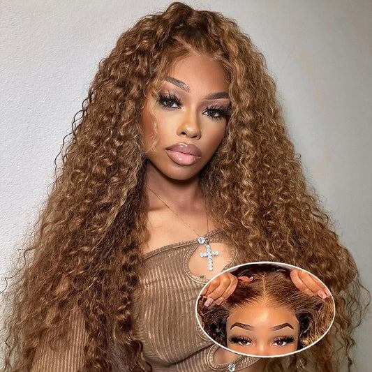 4/27 Highlight Honey Blonde Glueless Wigs Human Hair Pre Plucked Pre Cut 5x5 HD Lace Closure Ombre Wig Human Hair Curly Lace Front Wig Deep Wave Human Hair Wig Wear And Go Glueless Wig 24 inch