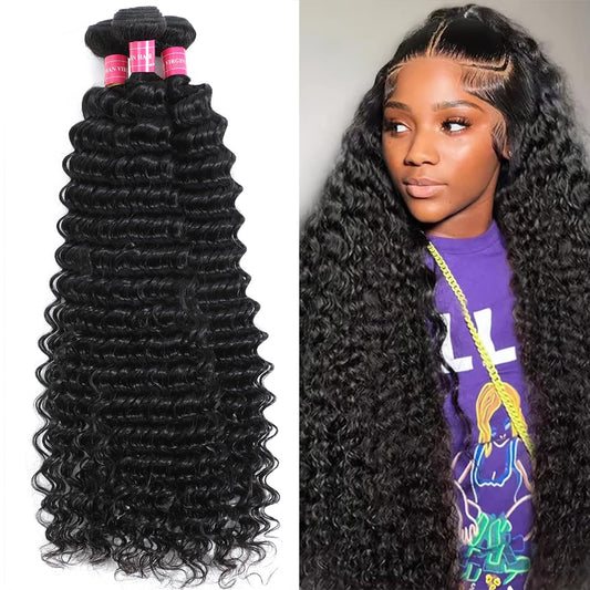 14A Deep Wave Bundles Human Hair 16 18 20 Inch, Full and Silky 100% Unprocessed Brazilian Virgin Human Hair Extensions Natural Black (Deep Wave Bundles, 16 18 20)