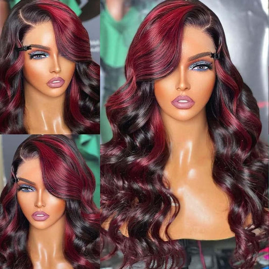1B/99J Ombre Burgundy Skunk Stripe Wig Lace Front Human Hair 13X6 Black and Red Lace Front Wig Body Wave Red Highlight Wig Human Hair With Baby Hair 150% Density (18inch, 13X6 Ombre Red Highlight)