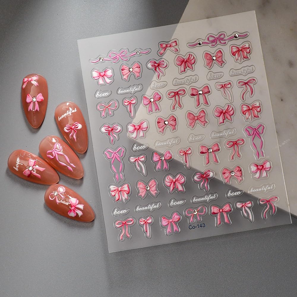 5D Embossed Bow Nail Stickers Pink Bowknot Nail Art Stickers with Rhinestone Design Bow Nail Decals for Women Girls Acrylic Nails DIY Manicure Nail Supplies