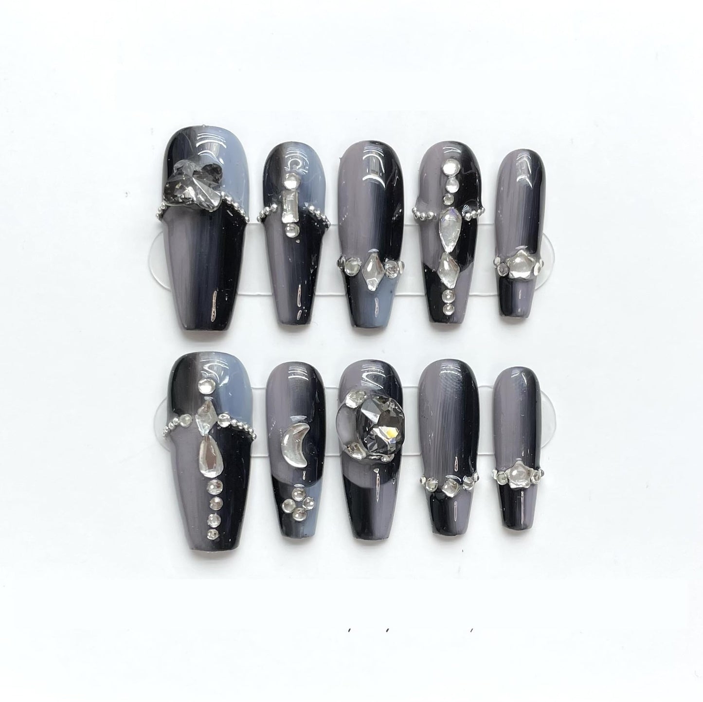 CAMILCY Handmade Nails Press on Coffin Armor Gradient Black Crystal Design Hand Painted Reusable Gel UV Finished Pre Shaped False Nails for Women 10Pcs 3D Handmade Nails (A011 L)