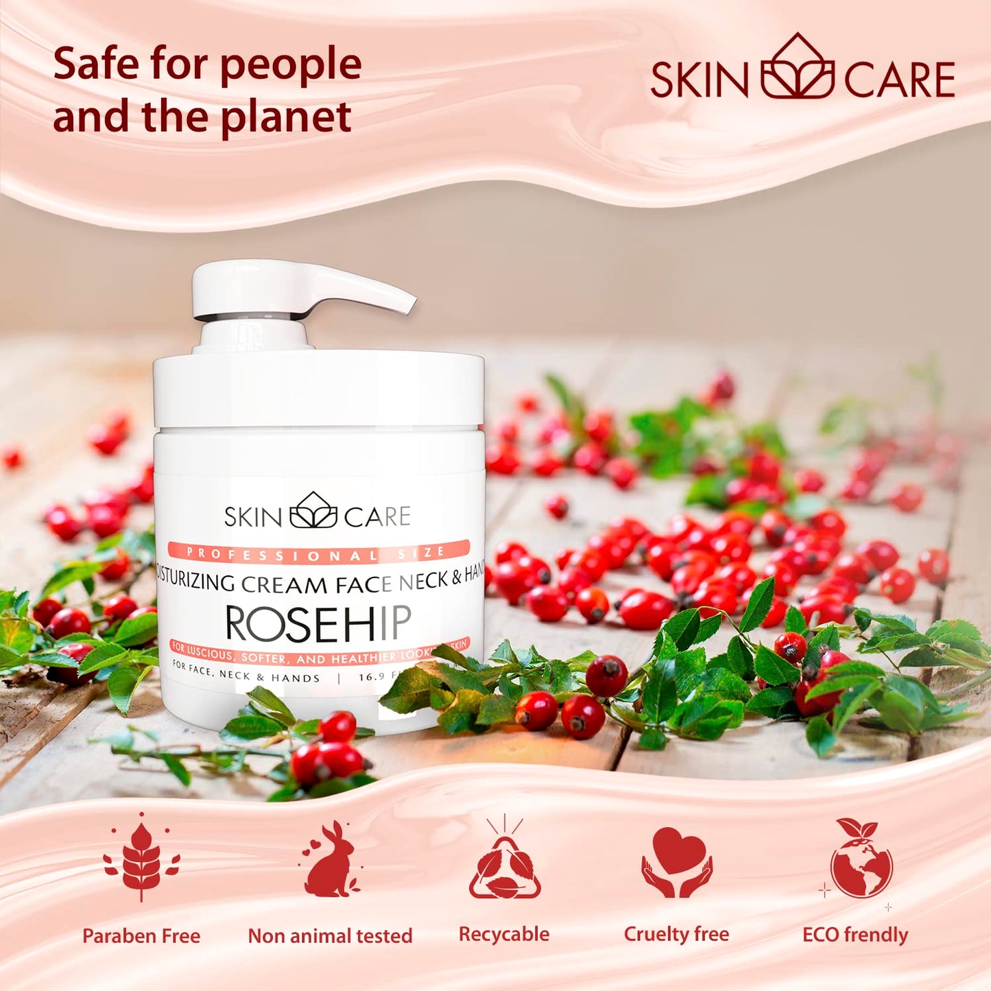 Skin Care Rosehip Oil 3-in-1 Moisturizer Face Cream, Neck and Hands - Treatment for Crepey Texture, Wrinkles and Sagging - Daily Lotion for All Skin Types - 16.9 fl. oz.