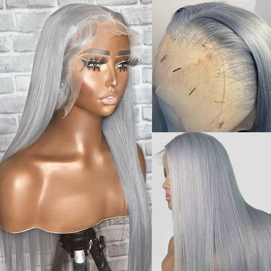 Grey Lace Front Wigs Human Hair 22 Inch 13x6 Grey Wig Human Hair Pre Plucked Glueless HD Lace Front Grey Wigs for Black Women 180% Density Colored Silver Grey Straight Human Hair Lace Front Wigs