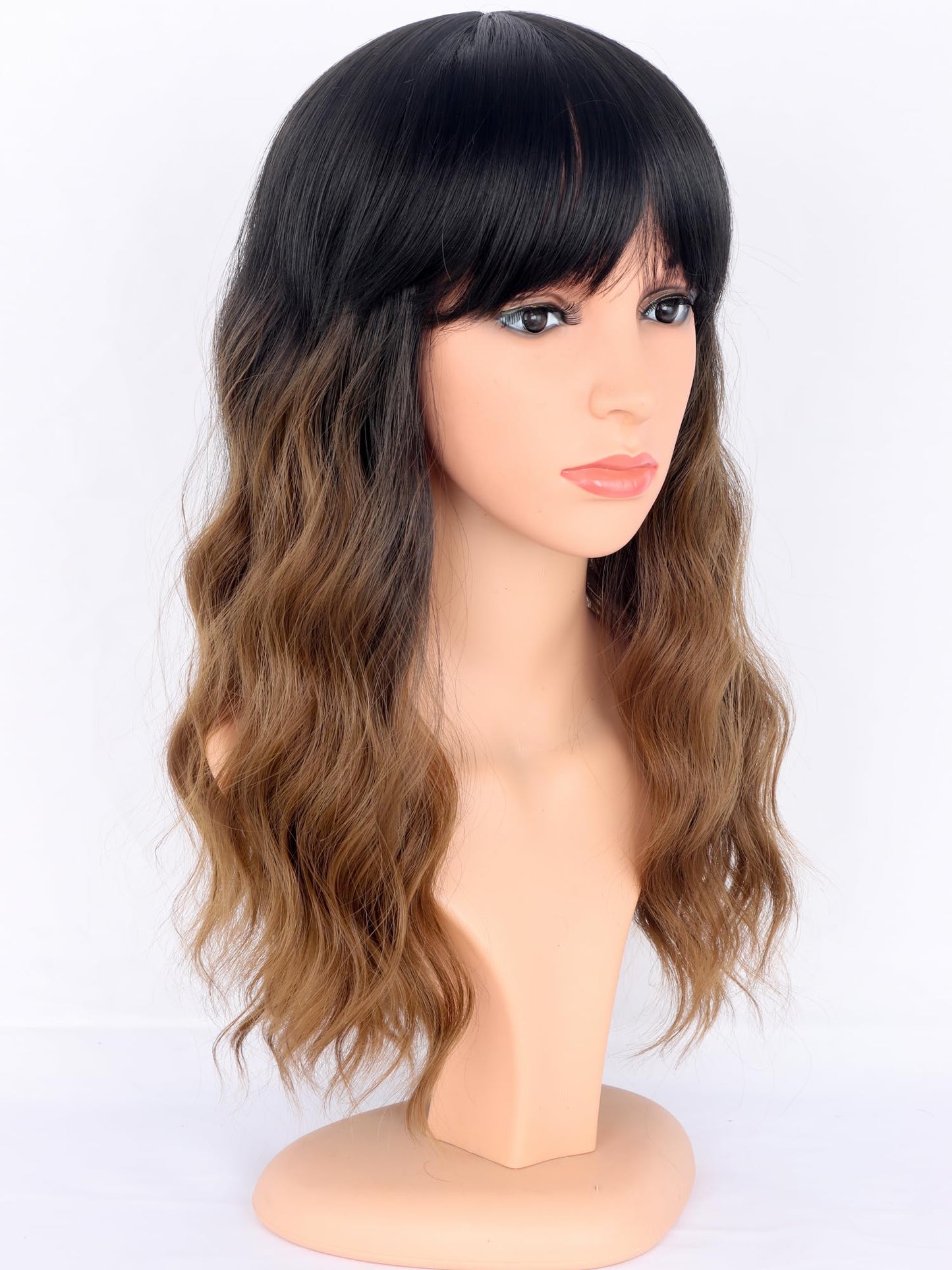 SYMEIW Ombre Brown Wavy Wigs with Bangs for Women Medium Length Brown Synthetic Wigs Natural Wavy Black To Brown Wigs Heat Resistant for Daily Party Use