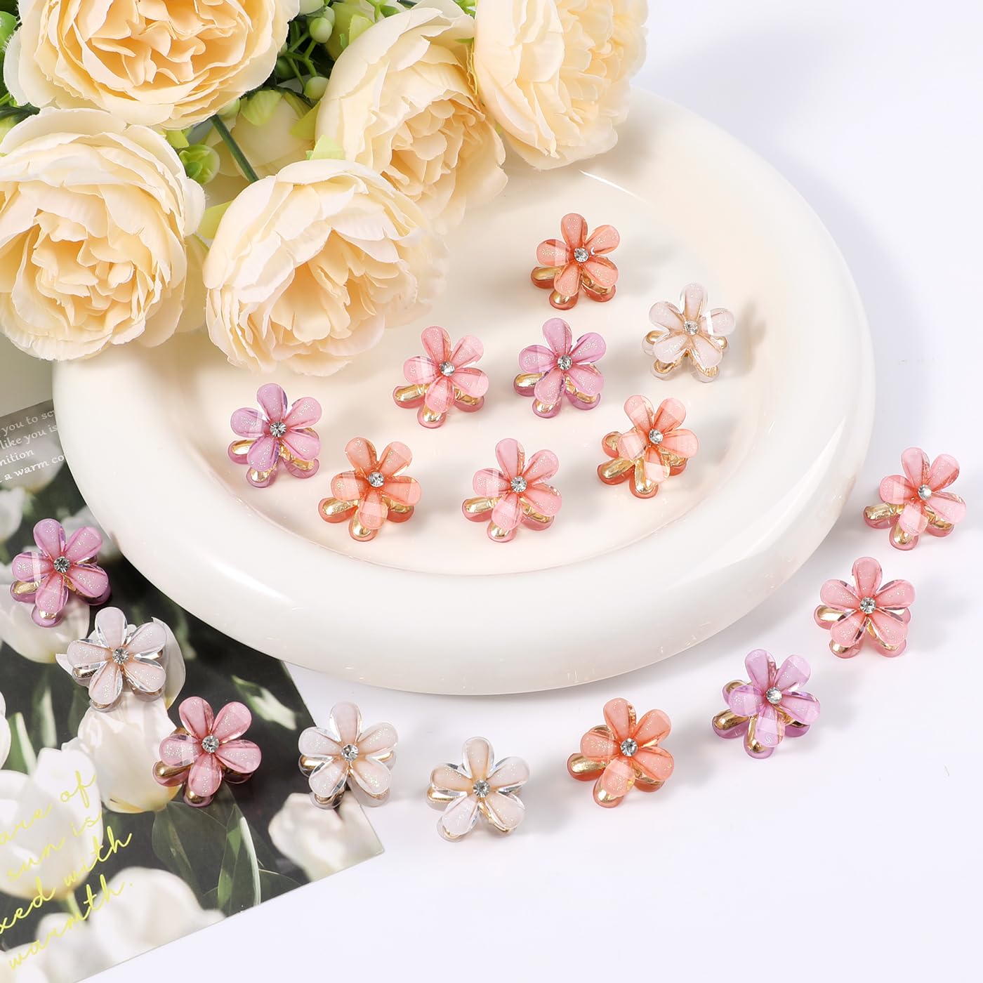 CWJCYTNSN Small Crystal Flower Hair Claw Clips, 0.8" Mini Metal Bangs Pins for Thick Curly Hair - 16PCS Hair Accessories for Women & Girls