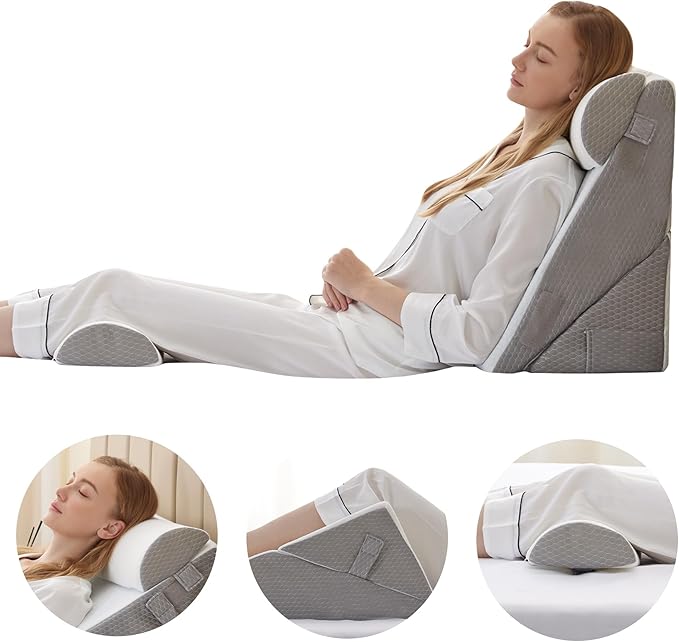 Adjustable 4pcs Bed Wedge Pillow Set, Memory Foam Wedge Pillow Post Surgery for Back, Neck, Leg Pain Relief, Pillow Wedge for Sleeping, Sitting up in Bed, Acid Reflux and GERD, White/Grey