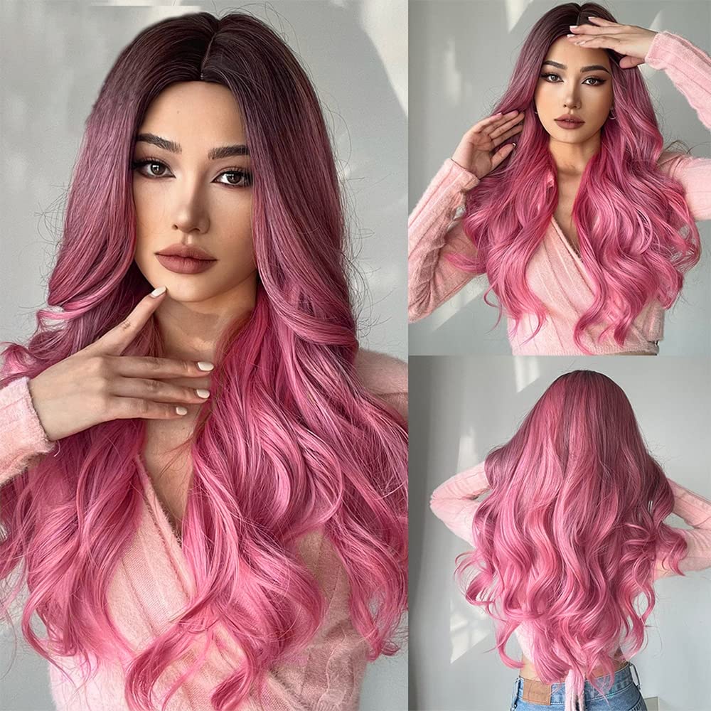 1B/Pink Body Wave Bundles Human Hair Pink Bundles Human Hair Ombre Two Tone Black and Pink Bundles Brazilian Human Hair Weave Wet and Wavy Bundles Silky Soft for Black Women 26 28 30 inch