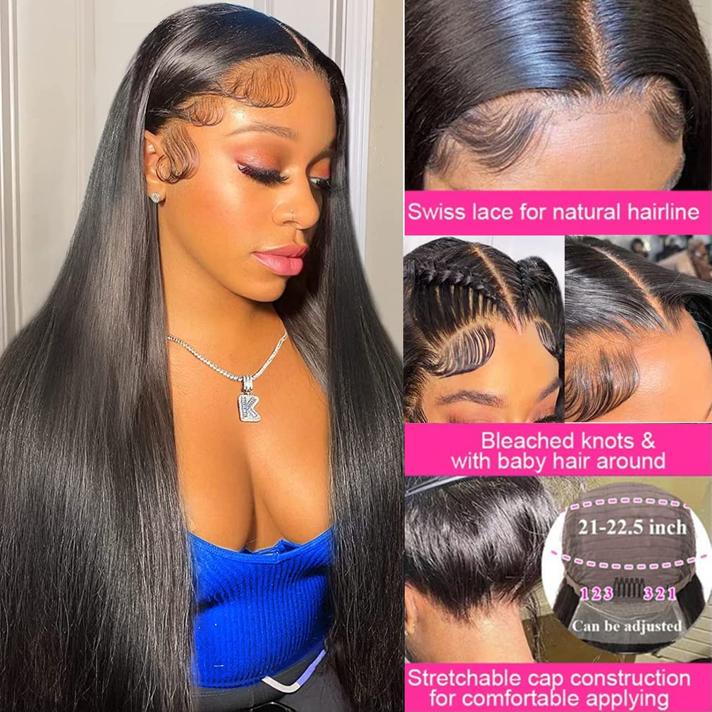 13x6 Straight Lace Front Wigs Human Hair HD Transparent Lace Front Human Hair Wigs for Black Woman Brazilian Lace Frontal Wigs Human Hair Glueless Wigs Human Hair Pre Plucked Natural Color 30inch