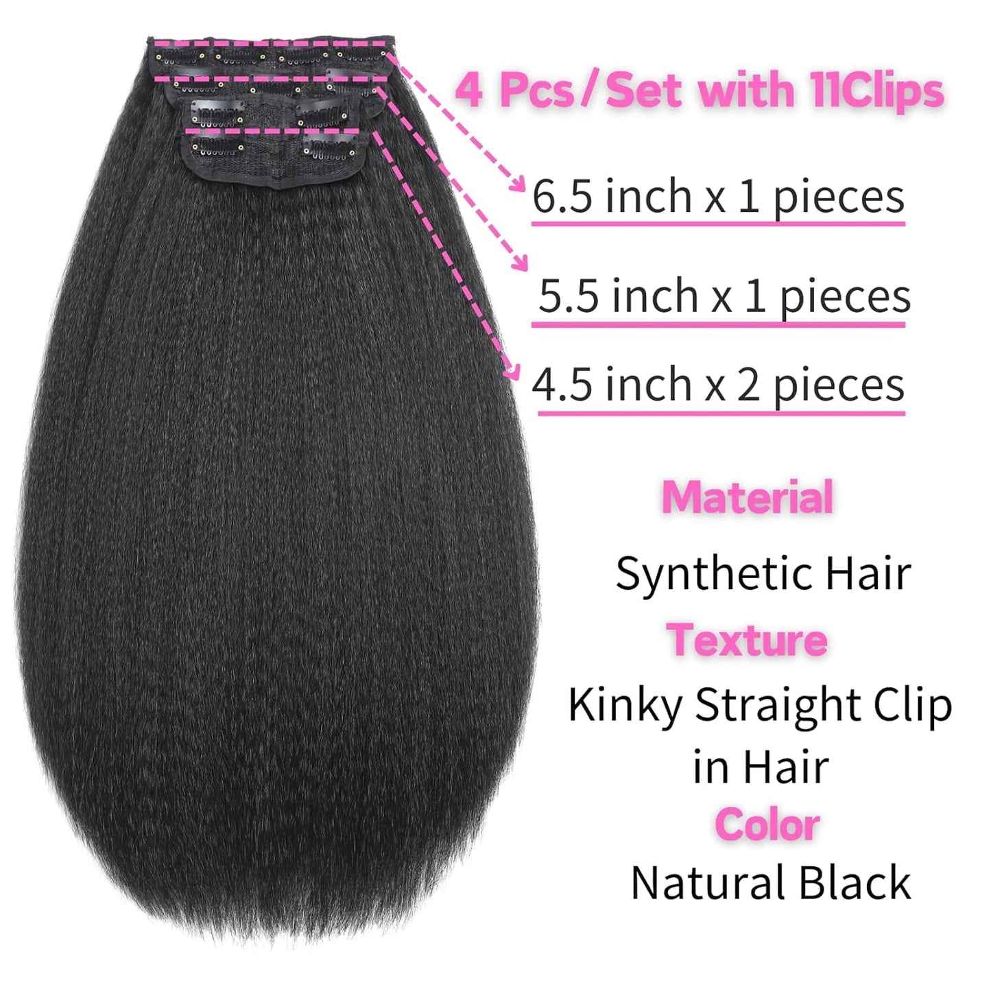 20 Inch Kinky Straight Clip ins Hair Extensions 4 Pieces 11 Clips 130g Yaki Straight Clip in Hair for Black Women Full Head Yaki Straight Seamless Clip in Synthetic Hair Natural Black