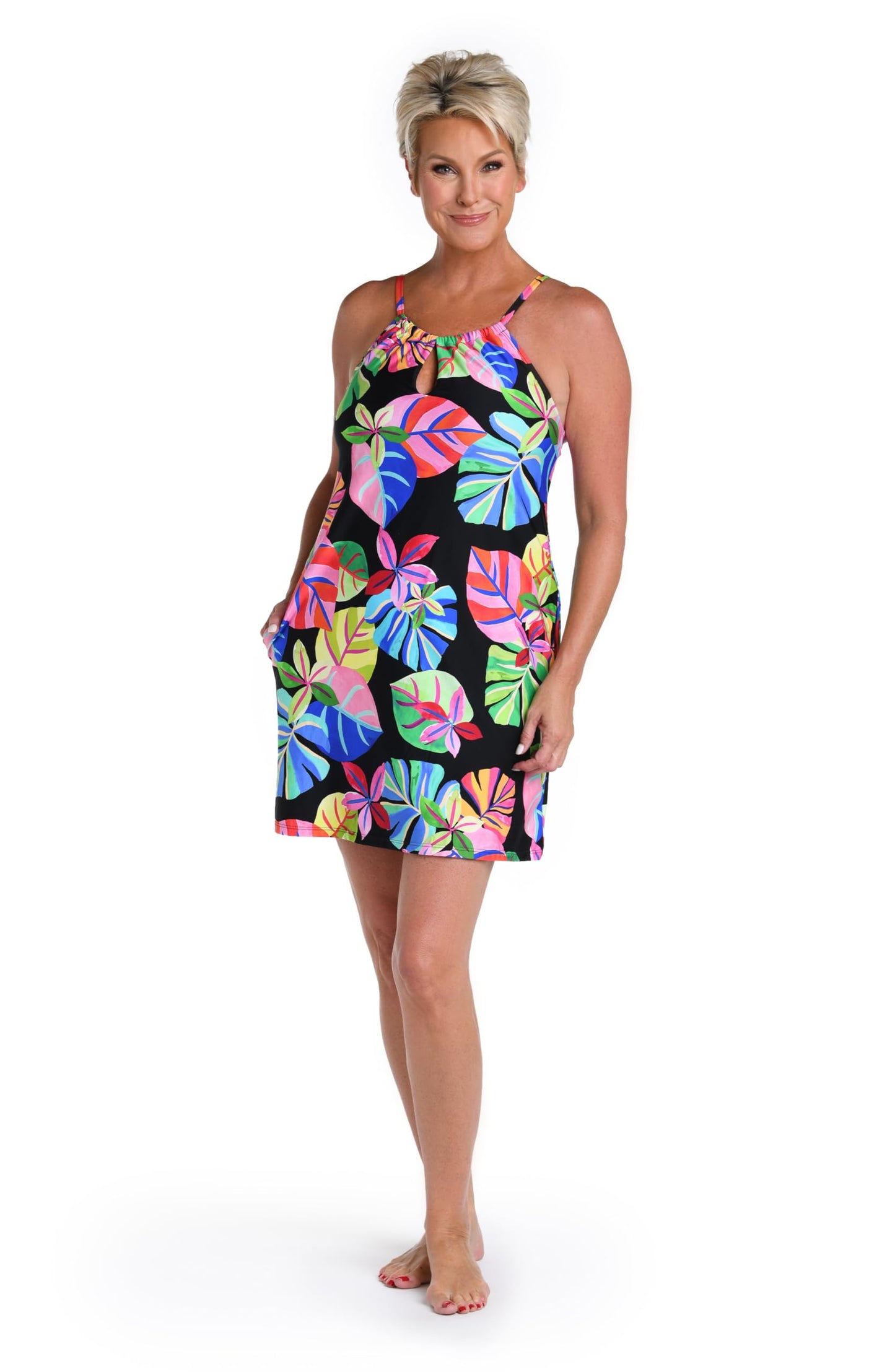 24th & Ocean Women's Standard High Neck Dress Swimsuit Cover Up, Multi//Tropiflage